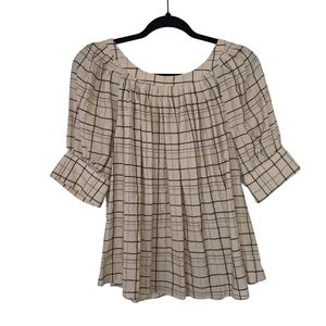 Current Air Anthropologie Metallic Windowpane Plaid Puff Sleeve Top Size S